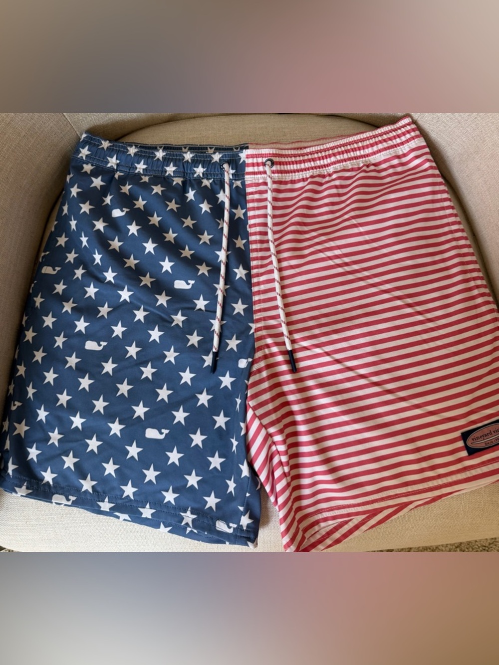 Vineyard Vine’s Chappy Patriotic Star & Stripe Swim Trunks